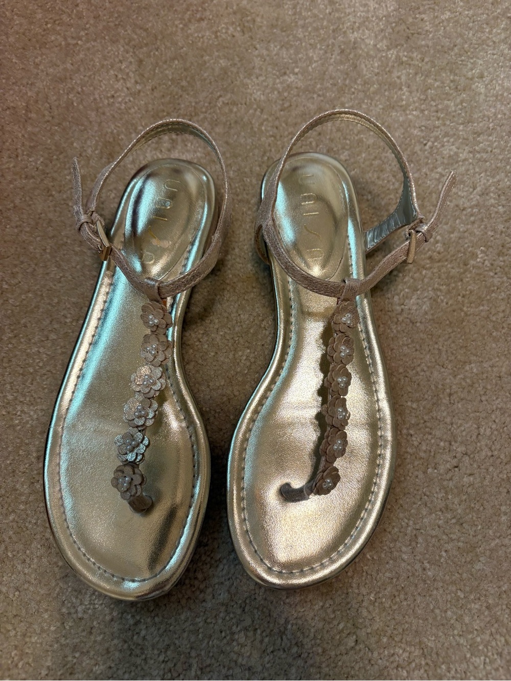 Unisa Metallic Gold Floral T-Strap Sandals
